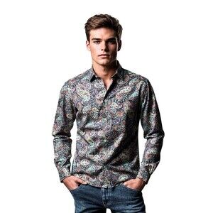Cremieux Premium Denim Mens L Purple Paisley Button Front Long Sleeve Shirt